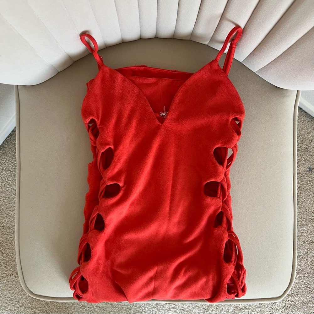 Oh Polly ‘On The Sidelines’ Suede Cut Out Midi Dress